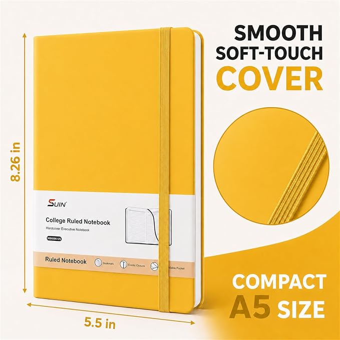 SUIN Hardcover-Journal-Notebooks, A5 Lined Journals Notebook for Writing 200 Pages, 8.2 x 5.5 inch, Classic Ruled Notebooks for Work/Travel/College (Yellow- 1 Pack)
