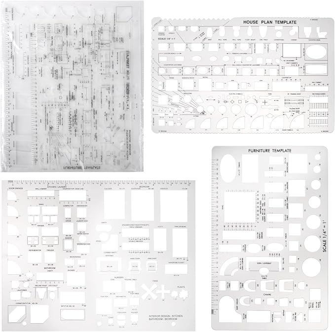 Drafting Tools and Ruler Shapes for Architecture - Set of 3 for House Plan Furniture Kitchen, Building, Interior Design