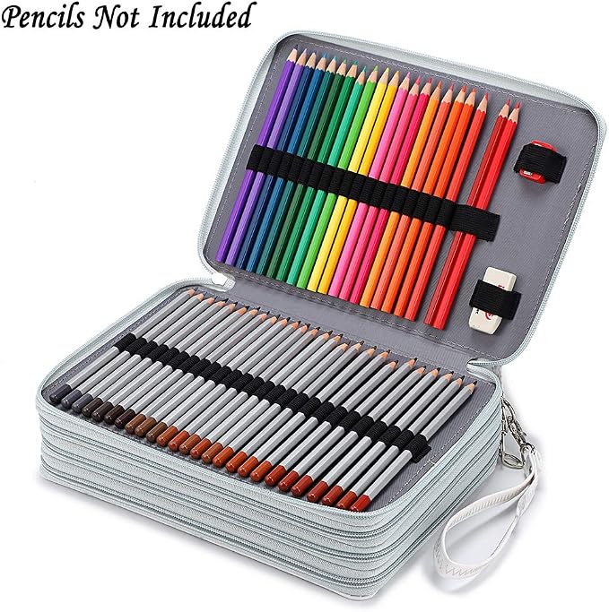 BTSKY 200 Slots Colored Pencil Organizer - Deluxe PU Leather Pencil Case Holder With Removal Handle Strap Pencil Box Large for Colored Pencils Watercolor Pencils White Marble
