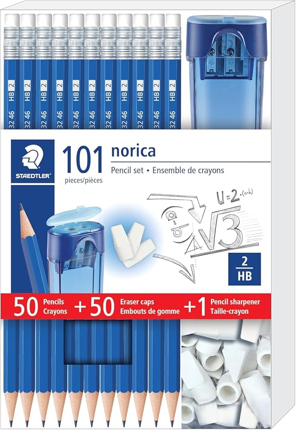 STAEDTLER Norica Pencil Set 24 Pack (24 sets of 101 pcs) - 50 Pre-sharpened #2 HB Pencils with 50 Eraser Caps & Double-Hole Sharpener, Break-Resistant Lead, School Pack | 1200 Pencils #2 Pre-sharpened, 1200 Eraser Caps, 24 Sharpeners Double-Hole, Break...