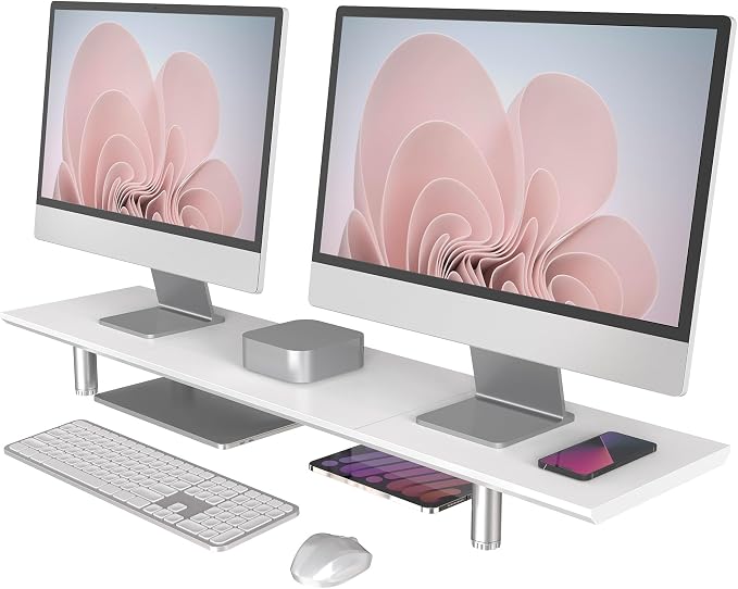 Fenge 39.4” Dual Monitor Stand with Height Adjustable Legs, White | Wooden & Steel, Ergonomic Height 3.6" to 4.4", Underneath Storage, Holds up to 99lbs, Laptop Monitor Stand for Home Office