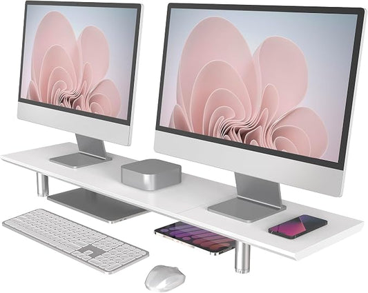 Fenge 39.4” Dual Monitor Stand with Height Adjustable Legs, White | Wooden & Steel, Ergonomic Height 3.6" to 4.4", Underneath Storage, Holds up to 99lbs, Laptop Monitor Stand for Home Office