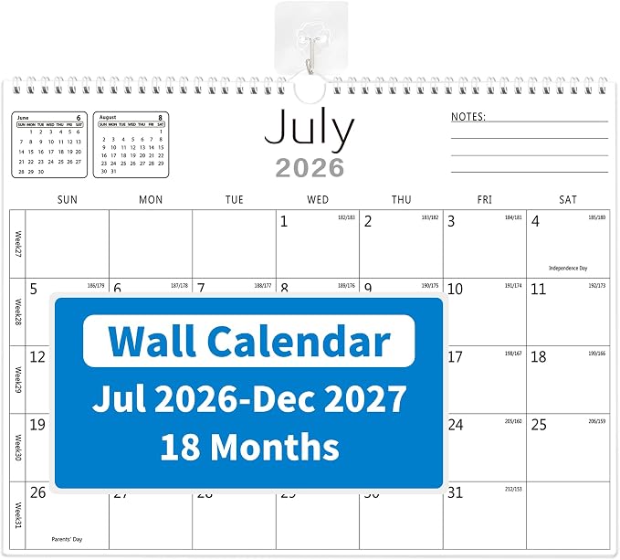 MZD8391 Calendar 2026-2027, Wall Calendar 2026-2027 From July 2026 To December 2027 18 Months, 14" x 11" Paper Calendars with Julian Date and Blank Block for New Year