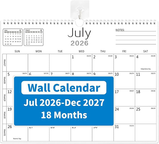 MZD8391 Calendar 2026-2027, Wall Calendar 2026-2027 From July 2026 To December 2027 18 Months, 14" x 11" Paper Calendars with Julian Date and Blank Block for New Year