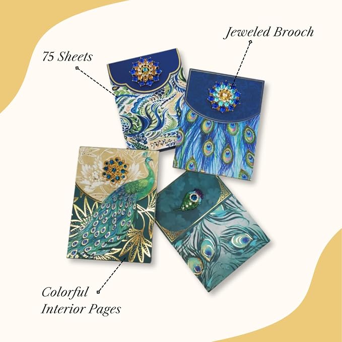Punch Studio Flip-Top Notepad For Daily Notes or Notes on-the-go, with Magnetic Closure, Brooch Embellishment, Gold-Foil Accents & 75 Illustrated Sheets, 5" x 3.75" - Emerald Peacock (44667)