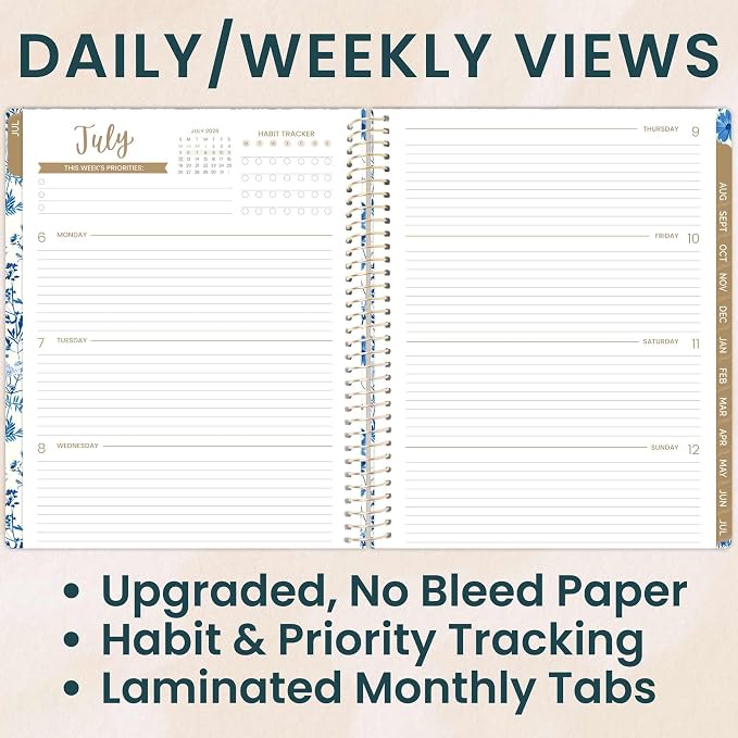 bloom daily planners 2026-2027 Planner (8.5” x 11") 13 Month Academic Organizer (July 2026 - July 2027) - Weekly & Monthly Agenda Book with Stickers & Tabs - Blue & White Floral