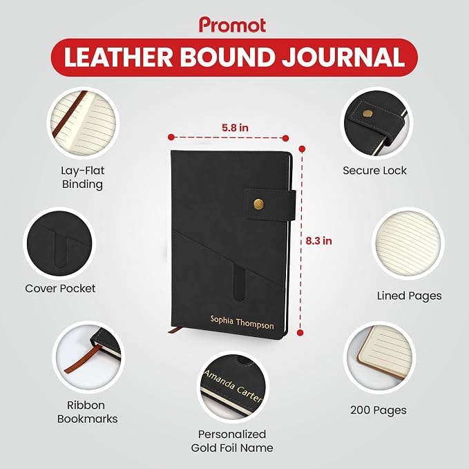 Promot Personalized Notebook - A5 Lined Leather PU Journal Notebook (Black) | Premium Leather-Look Cover, Smooth Lined Writing Pages, Durable Everyday Design, Elegant Professional Appearance