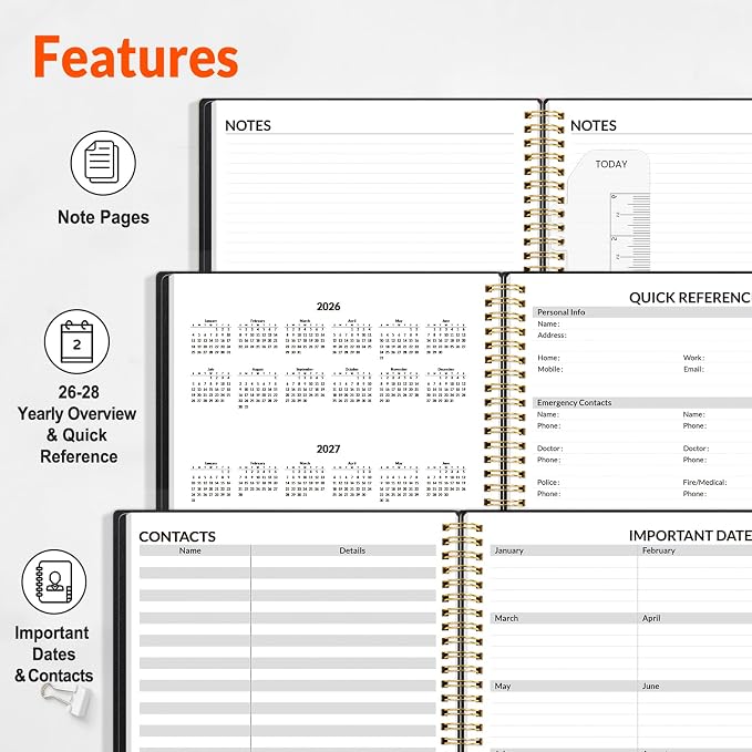 SUNEE 2026-2027 Appointment Book, Quarter-Hourly, Weekly & Monthly - from July 2026 to June 2027, 6.4"x8.3" Academic Planner, Flexible Cover, Note Pages, Bookmark, Spiral Binding, Black