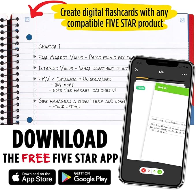 Five Star Advance Spiral Notebooks + Study App, 3 Subject, College Ruled Paper, 11" x 8-1/2", 150 Sheets, with Spiral Guard and Movable Dividers, Red, White (820111) (Pack od 6)