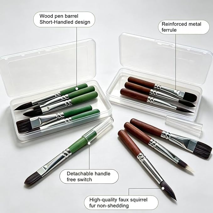 Travel Watercolor Brush Set 2 Packs | Pocket Short Handle 12pcs Travel Brushes w/Extender & Case for Watercolor Acrylic Ink,Gift for Couples Family Friends