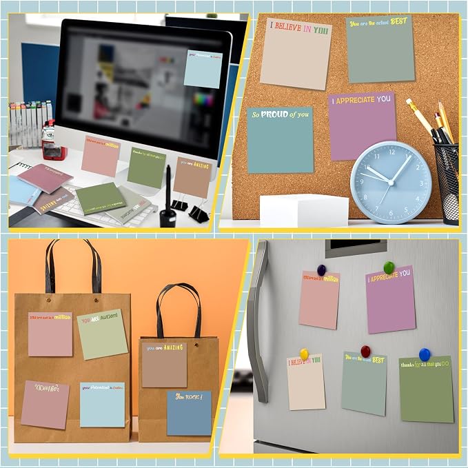 Yinder 24 Pcs Inspirational Sticky Notes, Back to School Supplies, Cute Motivational Sticky Notes Pad Employee Appreciation Gifts Bulk for Teacher Coworker Office 3 x 3'' (Thank You,Morandi Color)