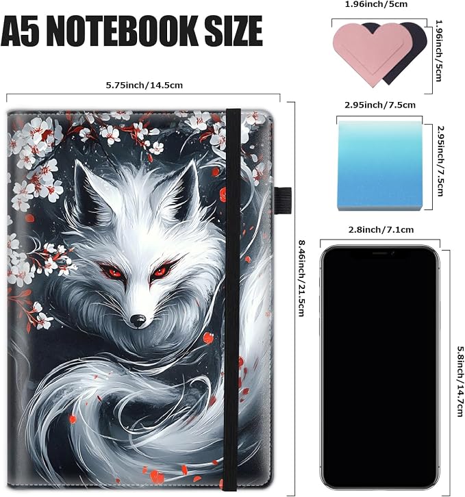 Hardcover Executive Notebooks, A5 PU Leather Lined Journal Notebook, 200 Pages Thick Paper Subject Notebooks for School,Work,Home Writing Business Notebook, Diary Book ，White Kitsune Fox