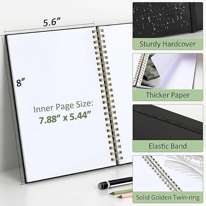 Forvencer 2 Pack Blank Spiral Notebook, 8"x 5.6"Hardcover Sketch Book, 100GSM Thick Paper, Art Sketchbook for Women & Adult, 100 pages / 50 Sheets Drawing Book Journal for School Office Drawing, Black