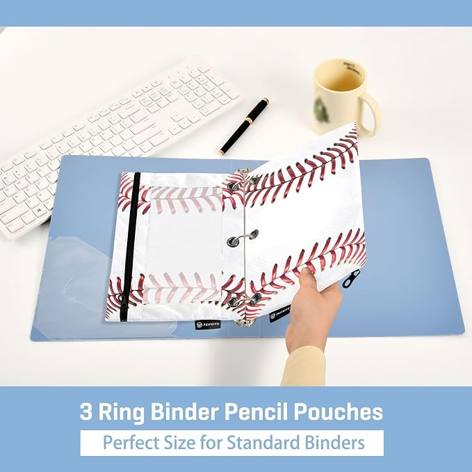 Baseball Pencil Pouches for 3 Ring Binder, Zipper Binder Pencil Case, 2 Pack Clear Window Case Bag for Office Organizers
