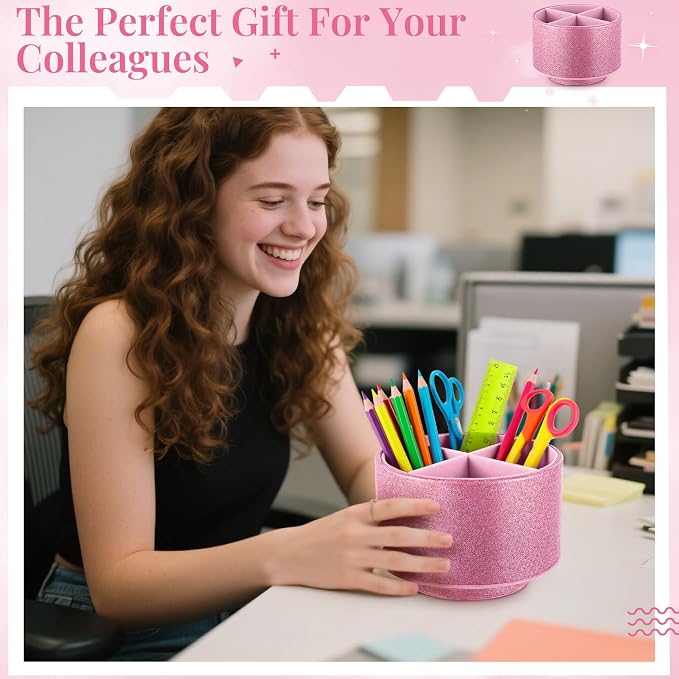 Epakh PU Leather Glitter Pen Holder 360 Degree Spinning Pink Bling Pencil Cup Gift for Teacher Women Girls Makeup Brush Organizer Cup Desk Office Classroom Home Back to School Gift (6 Inch)
