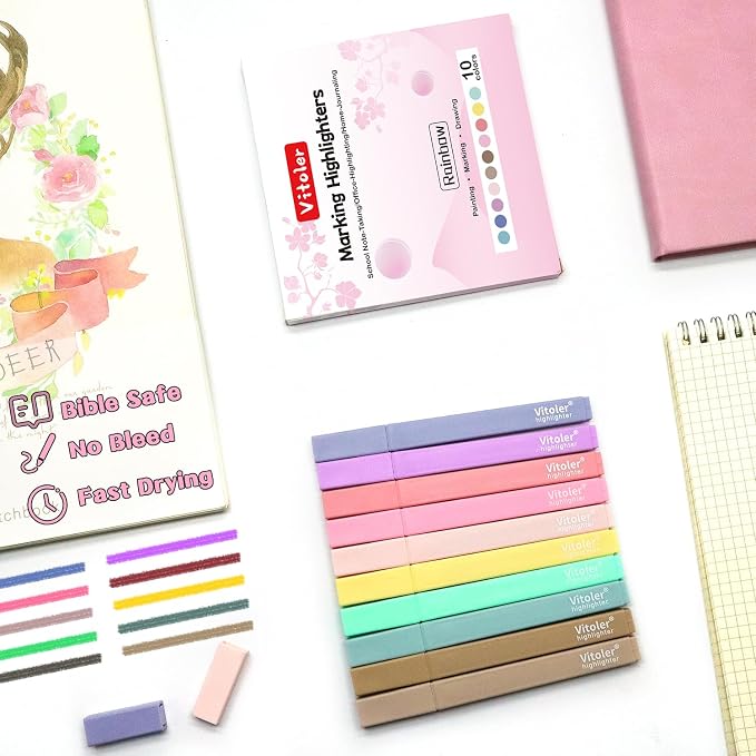 Vitoler Aesthetic Highlighters, Pastel Color, No Bleed, Chisel Tip 10Pcs | assorted color,dry fast,long lasting high for bible study,books,journal,writing,school office