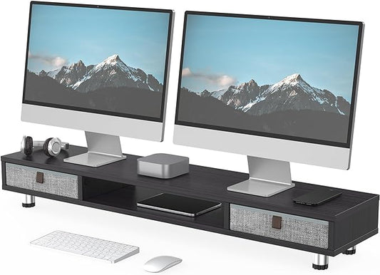 Fenge Dual Monitor Stand, 2-Tier Desk Organizer with Drawers, 42.5in, Black | Monitor Riser with Storage, Ergonomic Height Adjustable Computer Stand, Desk Shelf for Top of Desk, Laptop, PC, TV