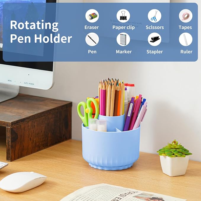 Marbrasse Desk Organizer, 360-Degree Rotating Pen Pencil Holder, Desk Organizers and Accessories with 5 Compartments Pencil Organizer, Art Supply Storage Box Caddy (Sapphire Blue)