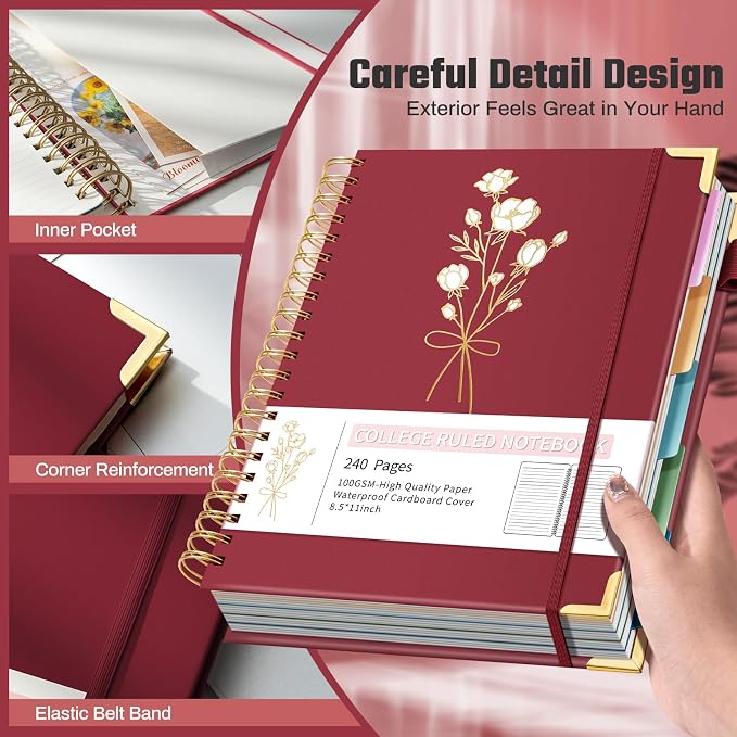 Hardcover Spiral Notebooks 8.5" X 11" Note Taking 5 Subject Notebook College Ruled with Dividers 240 Pages 100GSM Aesthetic Spiral Notebook for Work School Cute Journals for Women Writing, Red