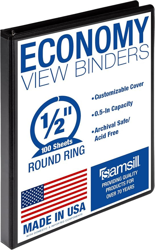 Samsill 0.5 Inch 3 Ring Binder, Economy Round Ring, Clear View Cover, 100 Sheet Capacity - for School, Home, Office - Black