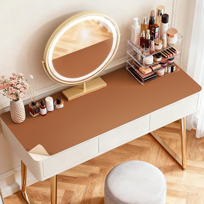 LovePads Makeup Mat for Vanity, 16 x 36 Dual-Sided Desk Pad & Vanity Cover Top, Waterproof PVC Protector Mat for Dresser, Nail Art, Craft Table (Brown+Beige)