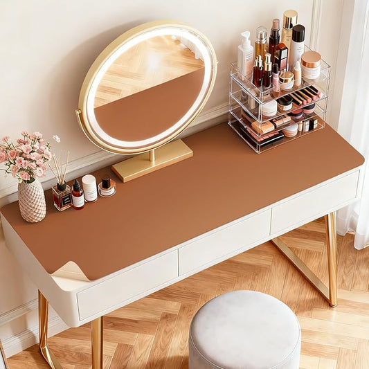 LovePads Makeup Mat for Vanity, 17 x 28 Dual-Sided Desk Pad & Vanity Cover Top, Waterproof PVC Protector Mat for Dresser, Nail Art, Craft Table (Brown+Beige)