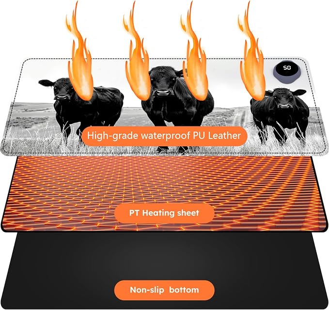 Heated Mouse Pad with 3 Levels Heated & 3 Hours Auto Shut-Off Mouse Pad for Warming Hands in Office Home, 23.6" x 14.2"Large Safe Desk Mat Hand Warmer，Black Cow