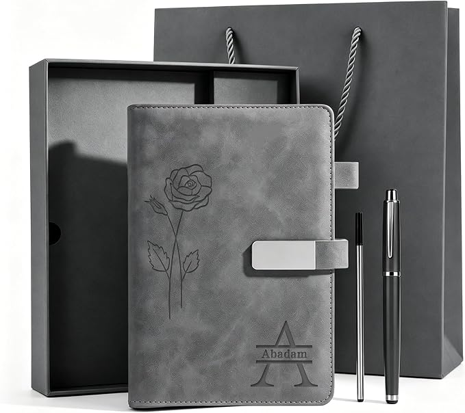 CRME Personalized Leather Journal with Pen and Gift Box,Custom Engraved Leather Notebook,A5 Lined Executive Journal for Men Women Work Business Travel,Grey
