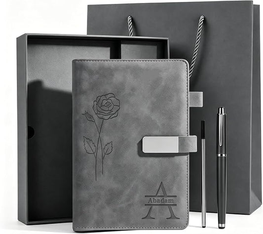 CRME Personalized Leather Journal with Pen and Gift Box,Custom Engraved Leather Notebook,A5 Lined Executive Journal for Men Women Work Business Travel,Grey