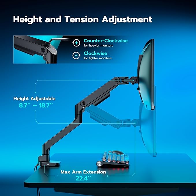 ARES WING Ultrawide Monitor Desk Arm with USB A/C for 17 to 49 Inch Screen | Pro Gas Spring, Full Range of Motion, for 75/100 Vesa Mount, for Samsung, LG Curved/Flat Monitor, Easy Install, Hold 44lbs