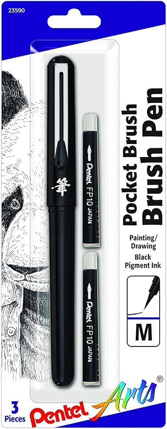Pentel Arts Pocket Brush Pen with Refills, 1 Pen & 2 Refills