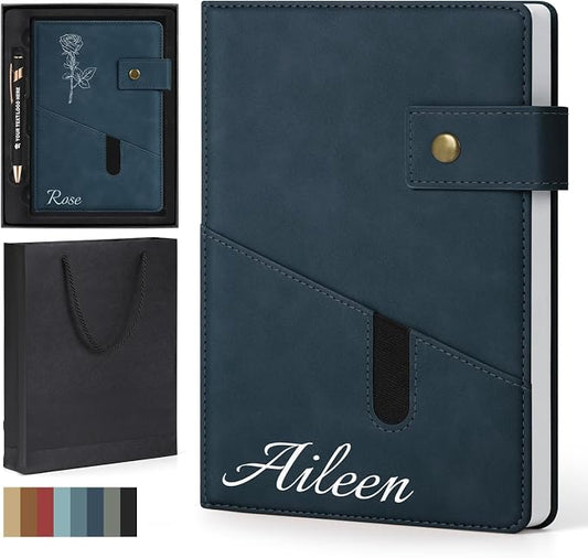 ENOMY Personalized Notebook & Pen Set Custom A5 PU Leather Journal Gift Box, Dark blue