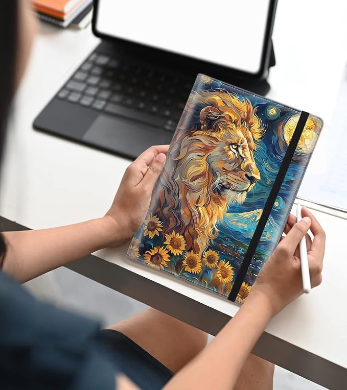 A5 Leather Lined Journal Notebook, 200 Pages Hardcover Executive Notebook for Men Women Office School Note Taking, Thick Writing Paper Daily Journal with Bookmarks/Indexes,Lion The Starry Night