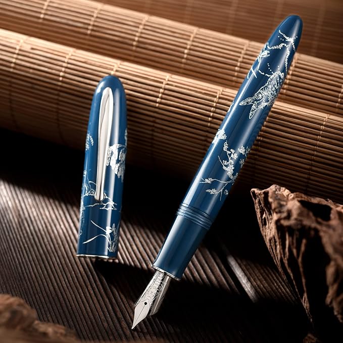 HONG DIAN N23 Blue Rabbit Fountain Pen, Long Blade Medium Nib Silver Trim, New Year Lucky Rabbit Carving Design, Smooth Writing Pen with Converter and Metal Pen Box Set