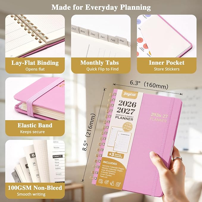 JoyCat Academic Planner 2026-2027, A5 Weekly & Monthly, Pink | July 2026-June 2027 A5 planner combines weekly and monthly layouts, tabs, grid notes and sticker sheets.