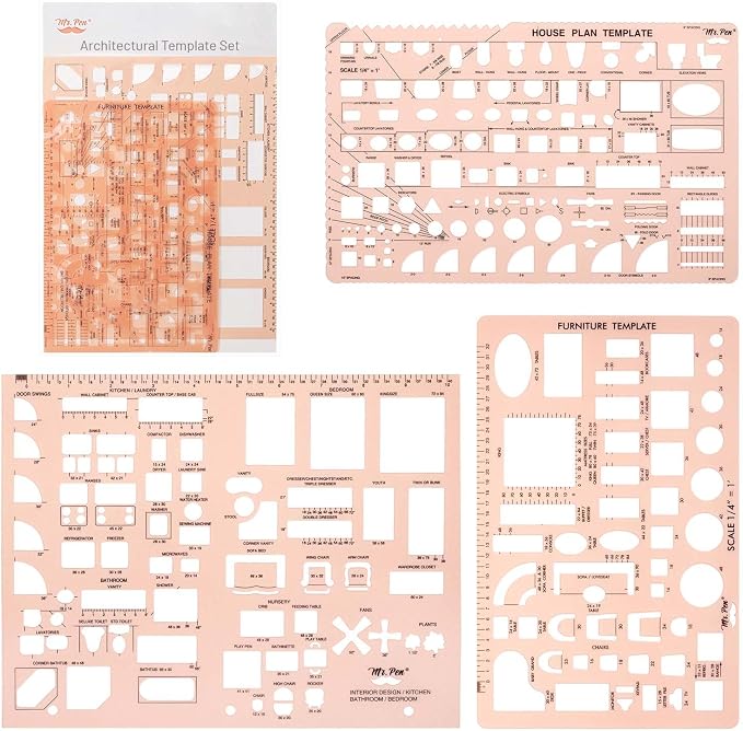 Mr. Pen- House Plan, 3 pcs, Interior Design and Furniture Templates | Clear Flexible Plastic, Drafting Tools, Ruler Shapes for Architecture, 1/4 Inch Scale, Kitchen, Bath, Bedroom, Office
