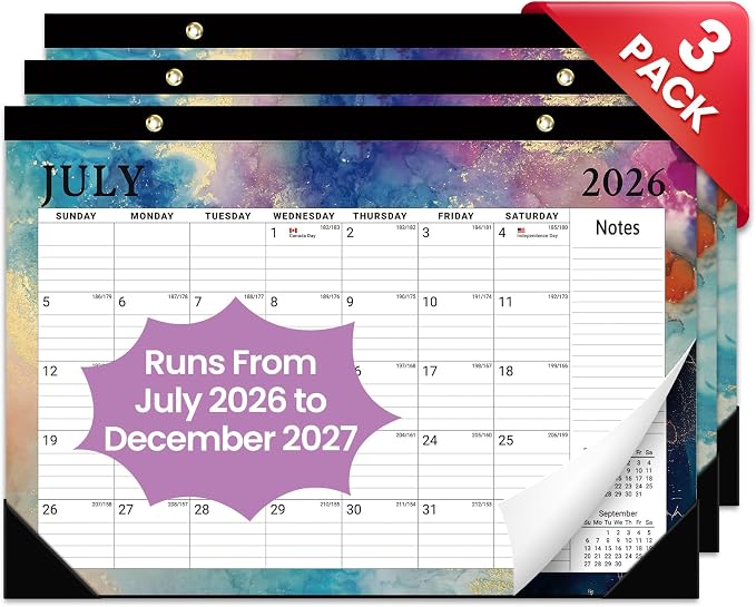 3 Pack of Desk Calendar 2026-2027, 18-Month Calendar Runs from July 2026 to December 2027, Large 17" x 12" Monthly Desktop & Wall Calendar for Home & Office - Gilded Elegance
