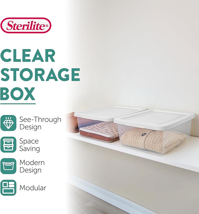 Sterilite Storage Box Stackable Tote, White, 12 Quart, 60 Pack | Clear Plastic Container with Secure Snapping Lids for Home and Office Organization
