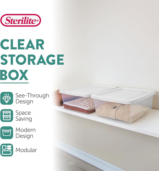 Sterilite Storage Box Stackable Tote, White, 12 Quart, 36 Pack | Clear Plastic Container with Secure Snapping Lids for Home and Office Organization