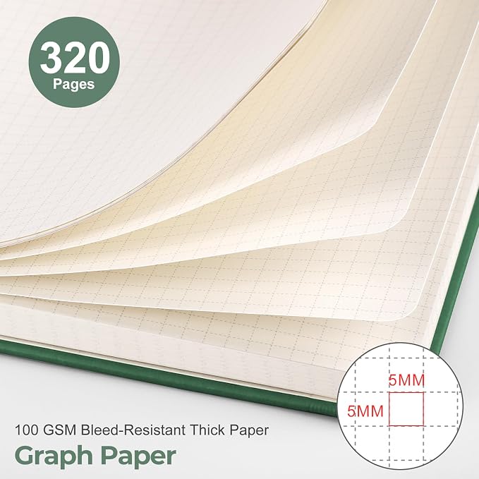 EMSHOI Graph Grid Journal Notebook, 320 Pages, A5 Size (5.7'' x 8.3'') | Leather Hardcover, 100 GSM Thick Paper, for School, Note Taking, Math, Engineering, Sun Debossed (Dark Green)