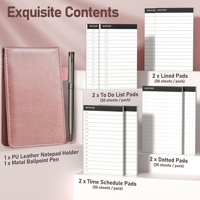 WEMATE Pocket Notebook with Pen, Pocket Notebook Set Rose Gold | 8 Refillable Memo Books & Metal Pen, Compact 3×5 Inch Notebook for Meetings, Daily Notes and Records