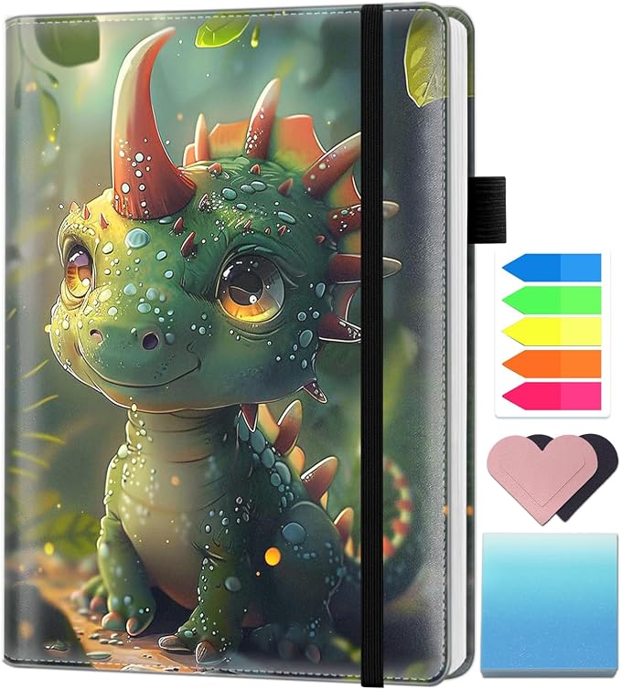 A5 Leather Lined Journal Notebook, 200 Pages Hardcover Executive Notebook for Men Women Office School Note Taking, Thick Writing Paper Daily Journal with Bookmarks/Indexes,Cute Baby Dinosaur