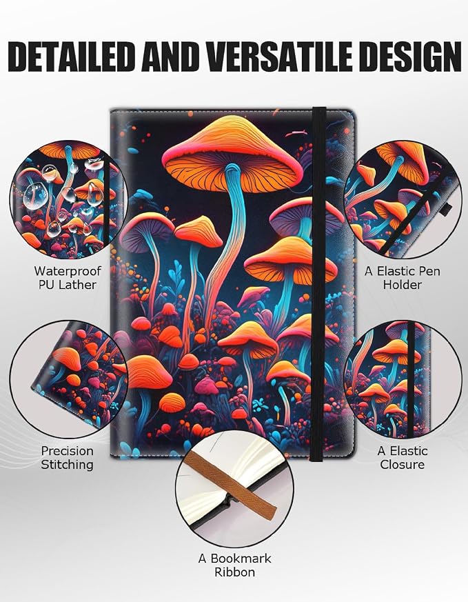 Hardcover Executive Notebooks, A5 PU Leather Lined Journal Notebook, 200 Pages Thick Paper Subject Notebooks for School,Work,Home Writing Business Notebook, Diary Book ， Psychedelic Mushrooms
