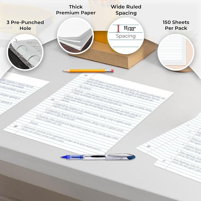 Rosmonde 1152 Pack Loose Leaf Paper Bulk, 172800 Sheets, Wide Ruled Bulk | Pallet of Filler Paper, 150 Sheets/Pack, 8 x 10.5", Bulk Notebook Paper, 3 Hole Punched, School & Office, 4-7 Days Transit