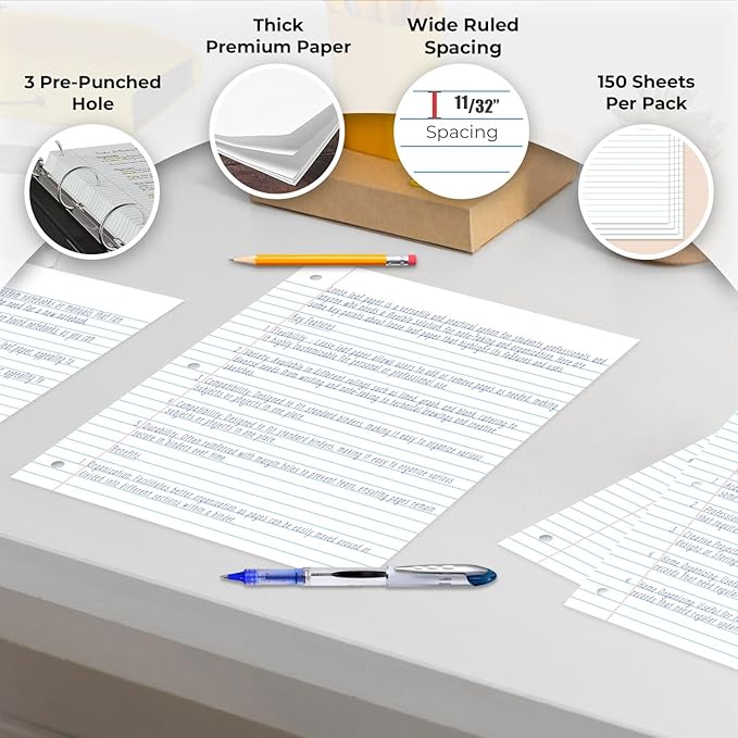 Rosmonde 576 Pack Loose Leaf Paper Bulk, 86400 Sheets, Wide Ruled Bulk | Pallet of Filler Paper, 150 Sheets/Pack, 8 x 10.5", Bulk Notebook Paper, 3 Hole Punched, School & Office, 4-7 Days Transit