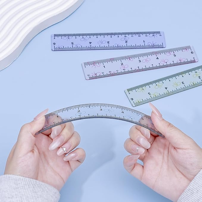 BAYTORY 4Pcs Transparent Acrylic Small Ruler 6 Inch, Straight Mini Rulers | Shatterproof Student Stationery Centimeters with Inches, for Classroom Essentials School Supplies (Bowknot 6 Inch)