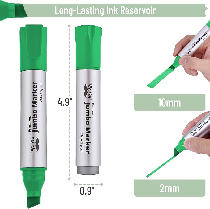 Mr. Pen- Jumbo Permanent Markers, 4 Pack, Green, Chisel Tip, Wide Tip | Large, Thick Permanent Markers for Canvas, Posters Board, Fabric, Window, Glass, Wood, Waterproof, Quick Dry