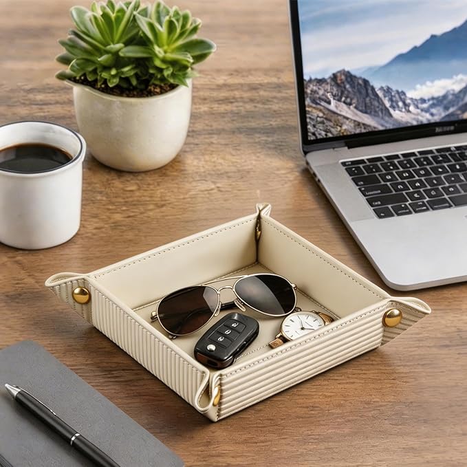YAPISHI Light Luxury Valet Tray for Men, PU Leather Vanity Jewelry Tray & Decorative Perfume Catchall, Folding Travel EDC Dump Tray, Nightstand Organizer Caddy for Keys, Watches, Coin Bowl Dish