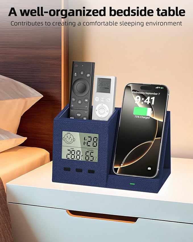 Desk Organizer with Wireless Charger, Digital Clock, Thermometer & Hygrometer - Multi-Functional Pencil Holder, Office Desk Accessories Storage Caddy for Home, Office, Men, Women (Battery Included)