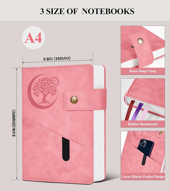 PAIBAS 8.5 x 11 Lined Notebook Journal 366 Pages Leather Journal for Women | Big notebook with 100gsm lined notebook paper college ruled, 3 ribbon bookmarks, front pocket slot & snap button.
